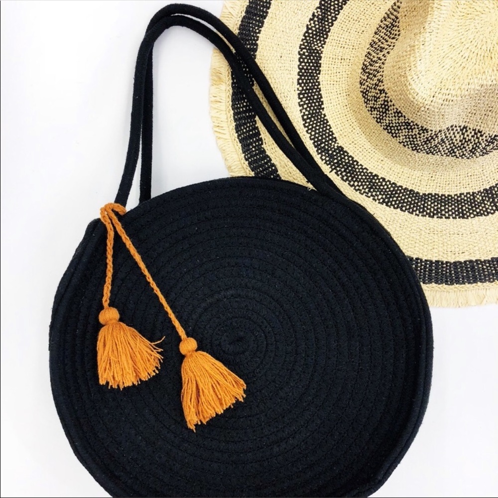 Black Trendy String Woven Circle Handbag